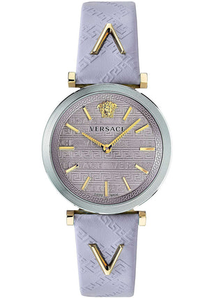 Angle shot of Versace VELS00219 Silver Dial Leather Womens Watch on white background