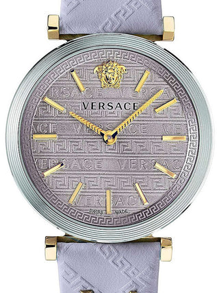 Front view of Versace VELS00219 Silver Dial Leather Womens Watch on white background