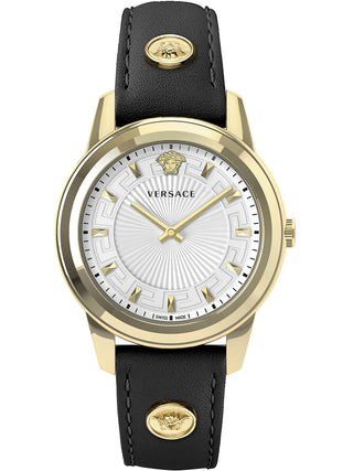 Front view of Versace VEPX01021 Silver Dial Black Leather Womens Watch on white background
