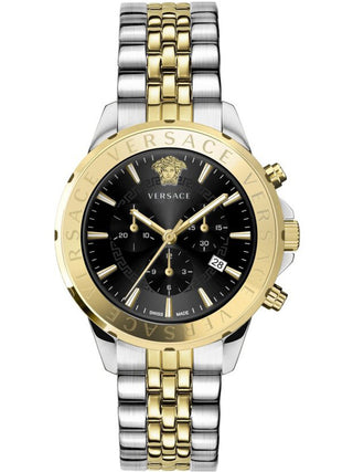 Front view of Versace Chronograph VEV602223 Black Dial Gold Stainless Steel Unisex Watch on white background