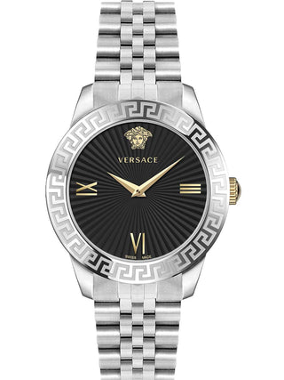 Front view of Versace VEVC00419 Black Dial Silver Stainless Steel Womens Watch on white background