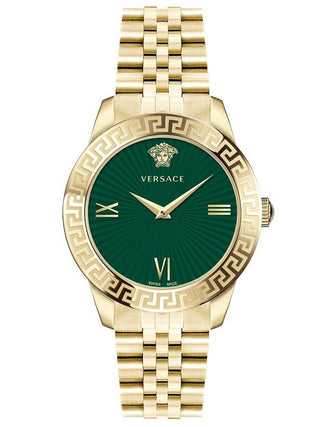 Front view of Versace VEVC00619 Green Dial Gold Stainless Steel Womens Watch on white background