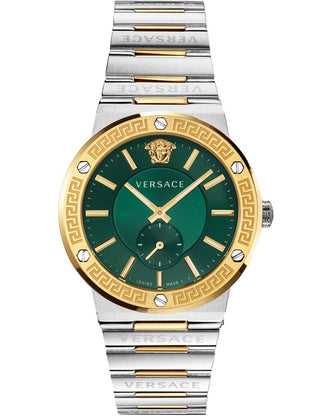 Front view of Versace VEVI00420 Green Dial Gold Stainless Steel Unisex Watch on white background