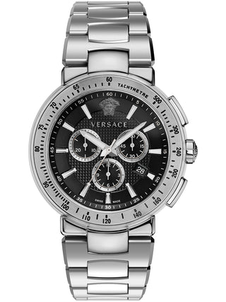 Front view of Versace Chronograph VFG170016 Black Dial Grey Stainless Steel Mens Watch on white background