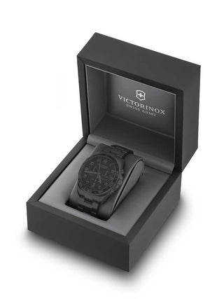 Angle shot of Victorinox Chronograph 241928 Black Dial Brown Leather Unisex Watch on white background