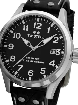 Front view of TW Steel VS100 Black Leather Unisex Watch on white background