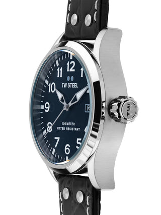 Angle shot of TW Steel VS100 Black Leather Unisex Watch on white background