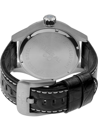 Angle shot of TW Steel VS100 Black Leather Unisex Watch on white background