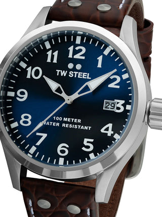 Front view of TW Steel VS101 Blue Dial Brown Leather Unisex Watch on white background