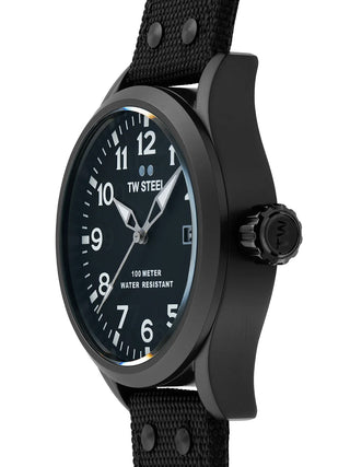 Angle shot of TW Steel VS103 Black Textile Unisex Watch on white background