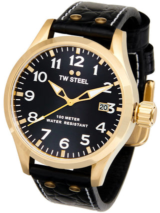 Angle shot of TW Steel VS104 Black Leather Unisex Watch on white background