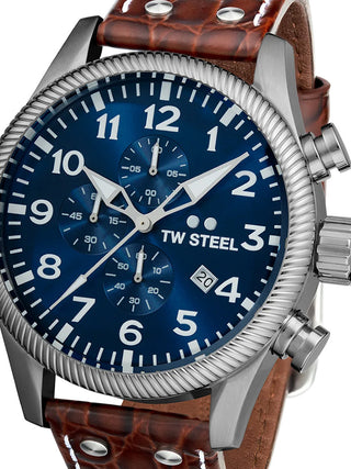 Front view of TW Steel Chronograph VS111 Blue Dial Brown Leather Unisex Watch on white background