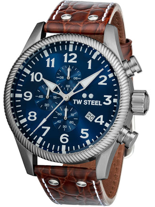 Angle shot of TW Steel Chronograph VS111 Blue Dial Brown Leather Unisex Watch on white background