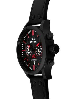 Angle shot of TW Steel Chronograph VS116 Black Leather Unisex Watch on white background