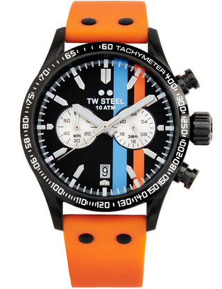 Angle shot of TW Steel Chronograph VS124 Black Dial Silicone Unisex Watch on white background