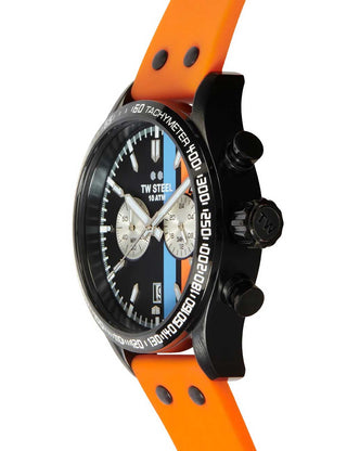 Angle shot of TW Steel Chronograph VS124 Black Dial Silicone Unisex Watch on white background
