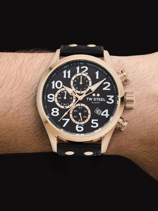 Angle shot of TW Steel Chronograph VS74 Black Leather Unisex Watch on white background