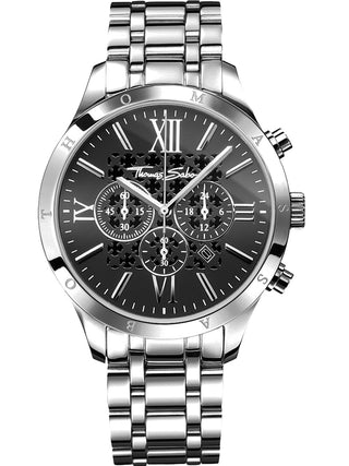 Front view of Thomas Sabo Chronograph WA0015-201-203 Black Dial Silver Stainless Steel Unisex Watch on white background