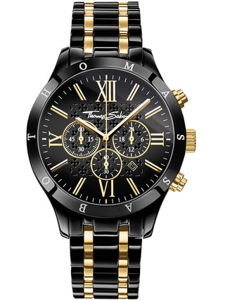 Front view of Thomas Sabo Chronograph WA0264-278-203 Black Dial Gold Stainless Steel Unisex Watch on white background