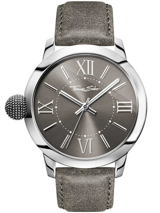 Front view of Thomas Sabo WA0294-273-210 Black Dial Grey Leather Unisex Watch on white background