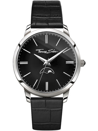 Front view of Thomas Sabo WA0325-218-203 Black Leather Unisex Watch on white background