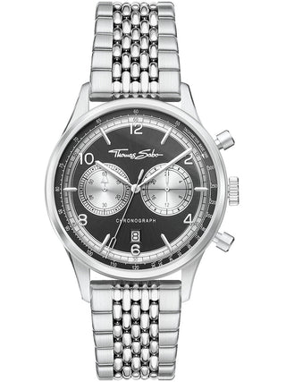 Front view of Thomas Sabo Chronograph WA0375-201-203 Black Dial Silver Stainless Steel Unisex Watch on white background