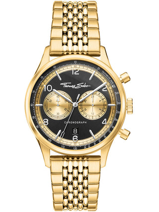 Front view of Thomas Sabo Chronograph WA0376-264-203 Black Dial Gold Stainless Steel Unisex Watch on white background