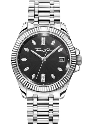 Front view of Thomas Sabo WA0406-201-203 Black Dial Silver Stainless Steel Womens Watch on white background
