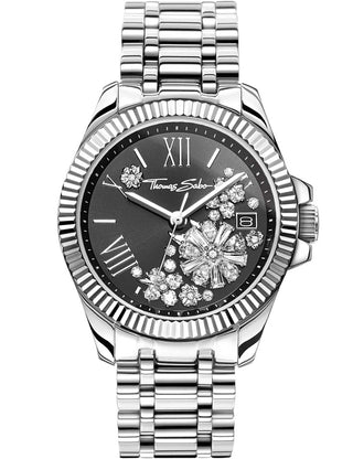 Front view of Thomas Sabo WA0421-201-201 Black Dial Silver Stainless Steel Womens Watch on white background