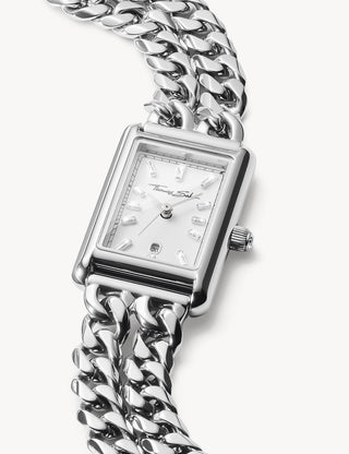 Angle shot of Thomas Sabo WA0428-201-201 White Dial Silver Stainless Steel Womens Watch on white background