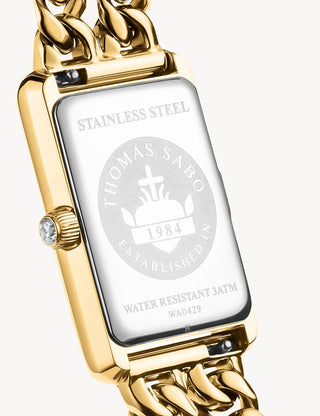 Angle shot of Thomas Sabo WA0429-291-207 White Dial Gold Stainless Steel Womens Watch on white background