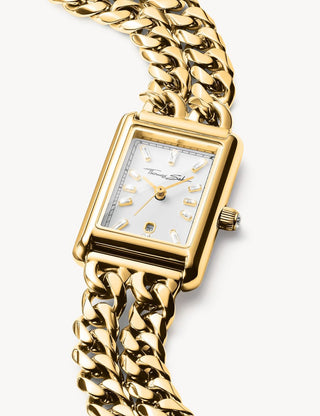 Angle shot of Thomas Sabo WA0429-291-207 White Dial Gold Stainless Steel Womens Watch on white background