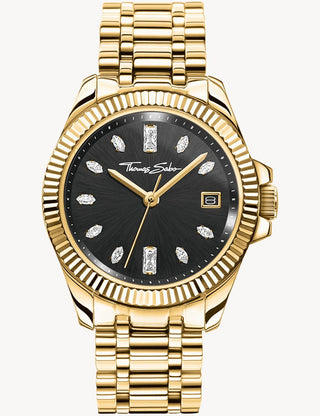 Front view of Thomas Sabo WA0431-291-207 Black Dial Gold Stainless Steel Womens Watch on white background
