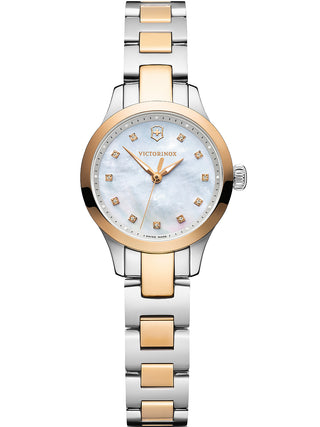 Front view of Victorinox 241877 Mother Of Pearl Dial Rose Gold Stainless Steel Womens Watch on white background
