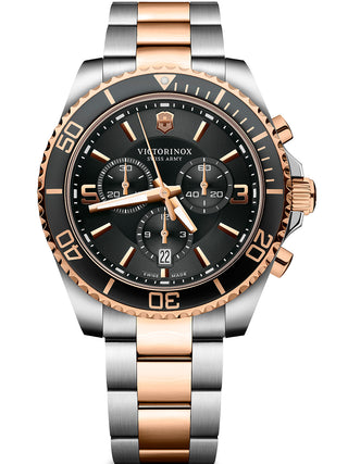 Front view of Victorinox Chronograph 241952 Black Dial Rose Gold Stainless Steel Unisex Watch on white background