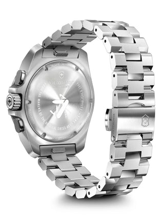 Angle shot of Victorinox Chronograph 241985 Blue Dial Silver Stainless Steel Unisex Watch on white background