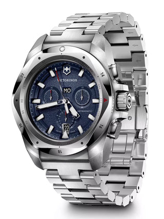 Angle shot of Victorinox Chronograph 241985 Blue Dial Silver Stainless Steel Unisex Watch on white background