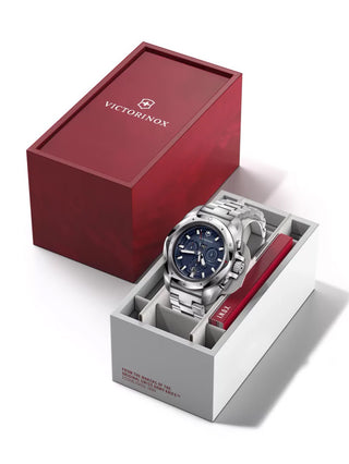 Angle shot of Victorinox Chronograph 241985 Blue Dial Silver Stainless Steel Unisex Watch on white background