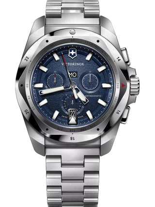 Front view of Victorinox Chronograph 241985 Blue Dial Silver Stainless Steel Unisex Watch on white background