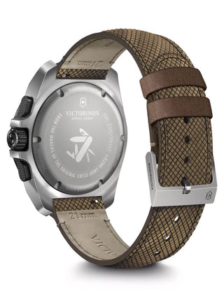 Angle shot of Victorinox Chronograph 241988.1 Black Dial Brown Strap Unisex Watch on white background