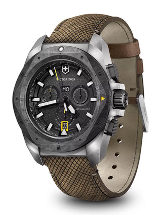 Angle shot of Victorinox Chronograph 241988.1 Black Dial Brown Strap Unisex Watch on white background