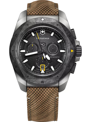 Front view of Victorinox Chronograph 241988.1 Black Dial Brown Strap Unisex Watch on white background