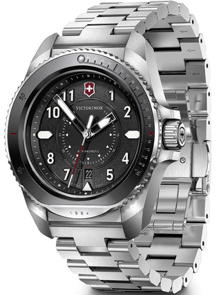 Angle shot of Victorinox 242009 Black Dial Silver Stainless Steel Unisex Watch on white background