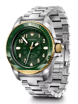 Angle shot of Victorinox 242012 Green Dial Silver Stainless Steel Unisex Watch on white background