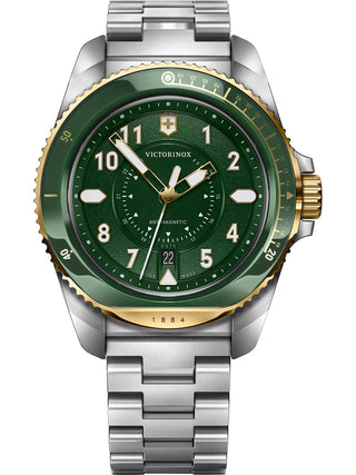 Front view of Victorinox 242012 Green Dial Silver Stainless Steel Unisex Watch on white background