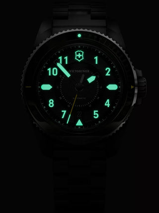 Angle shot of Victorinox 242015 Green Dial Silver Stainless Steel Unisex Watch on white background