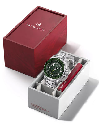 Angle shot of Victorinox 242015 Green Dial Silver Stainless Steel Unisex Watch on white background