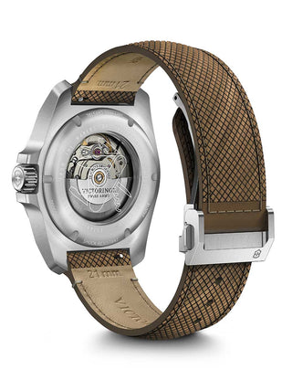 Angle shot of Victorinox 242018.1 Blue Dial Brown Strap Unisex Watch on white background