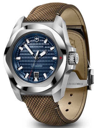 Angle shot of Victorinox 242018.1 Blue Dial Brown Strap Unisex Watch on white background