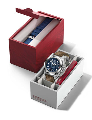 Angle shot of Victorinox 242018.1 Blue Dial Brown Strap Unisex Watch on white background